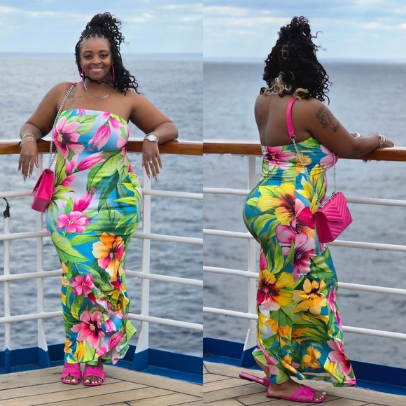 SHEIN Dresses & Skirts - SHEIN Tropical Floral Strapless Maxi Dress in Pink, Yellow & Green